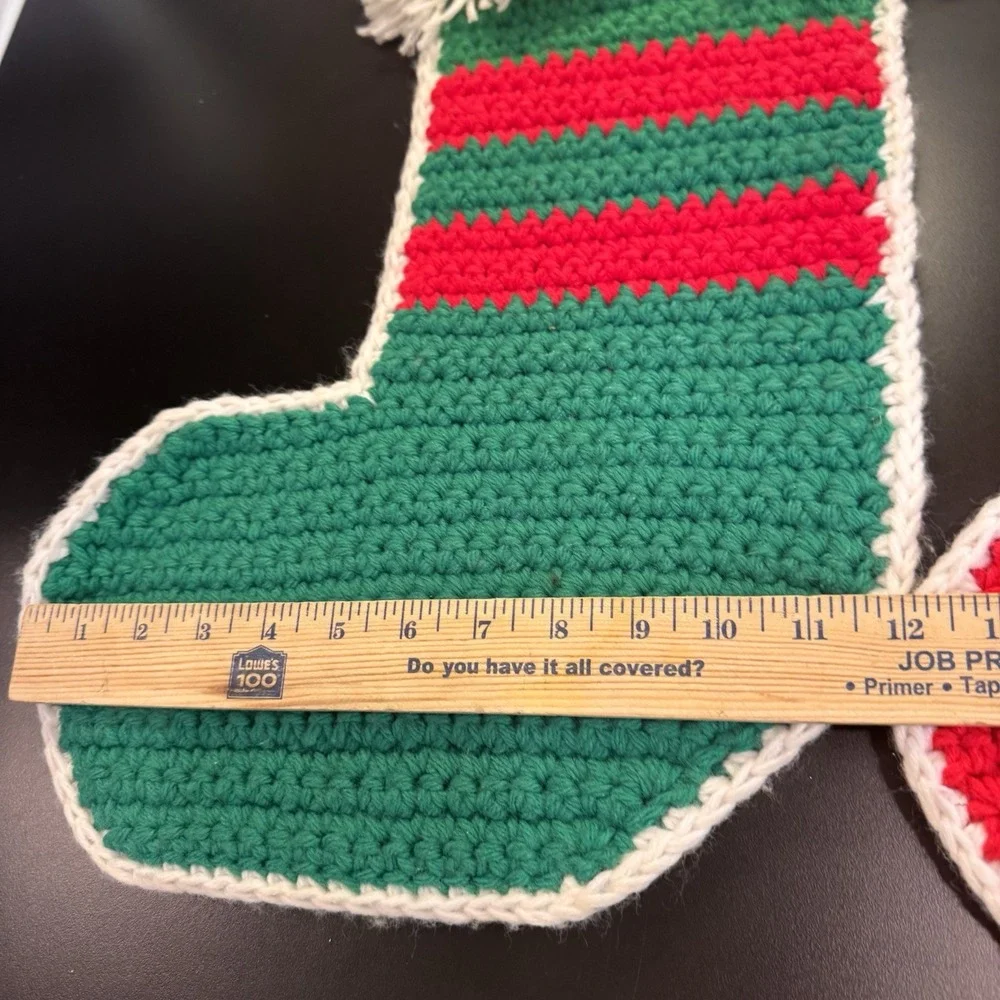 Set Of 2 Vintage Christmas Stocking Handmade Crochet Red Green With Fringe Large